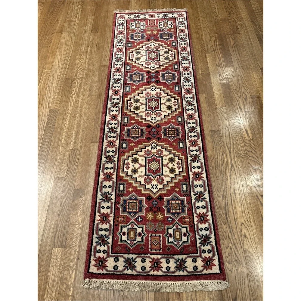 Hand Knotted Afghan Tribal Kazak Hallway Runner Red Small Geometric Rug 2'X 6.6'